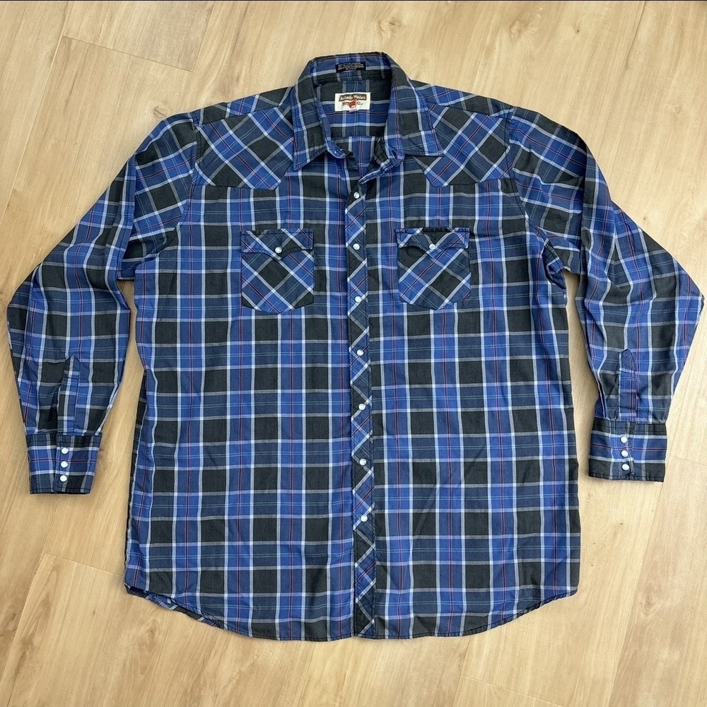 VTG Men Western Youngblood 2XLTall Blue Plaid Pearl Snap Cowboy Lightweight